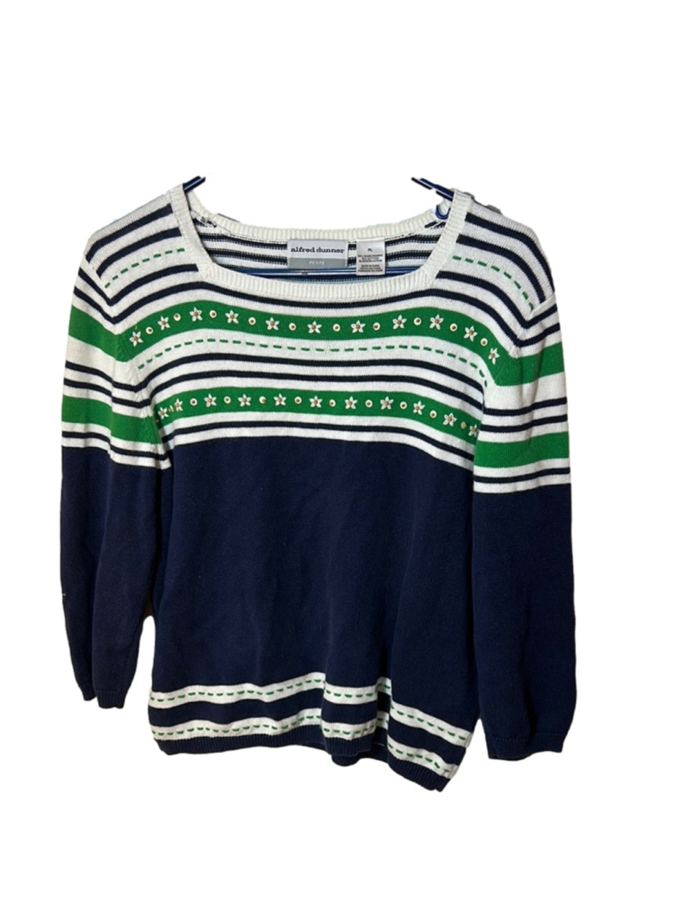 Alfred Dunner Navy and Green Floral Embroidered Stripped Women's Sweater PL